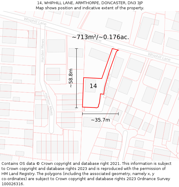 14, WHIPHILL LANE, ARMTHORPE, DONCASTER, DN3 3JP: Plot and title map