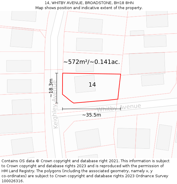 14, WHITBY AVENUE, BROADSTONE, BH18 8HN: Plot and title map