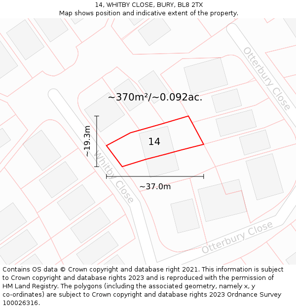 14, WHITBY CLOSE, BURY, BL8 2TX: Plot and title map