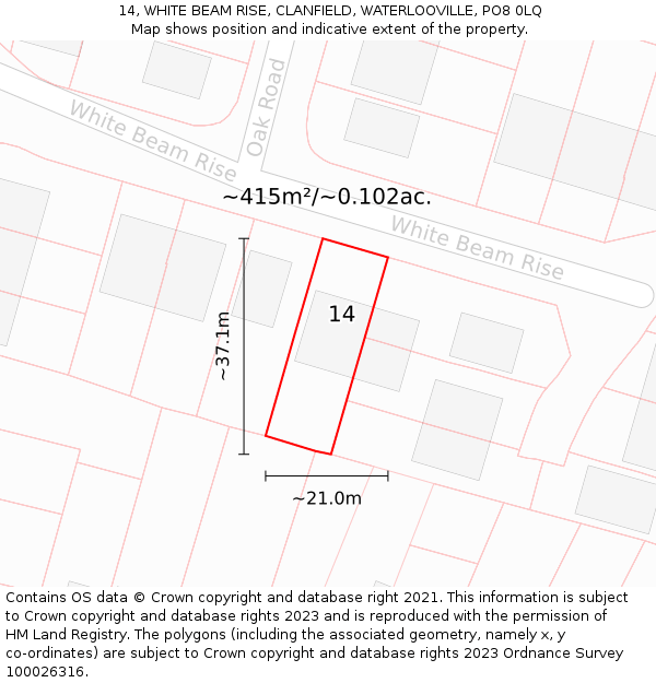 14, WHITE BEAM RISE, CLANFIELD, WATERLOOVILLE, PO8 0LQ: Plot and title map