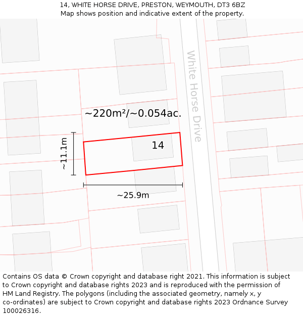 14, WHITE HORSE DRIVE, PRESTON, WEYMOUTH, DT3 6BZ: Plot and title map