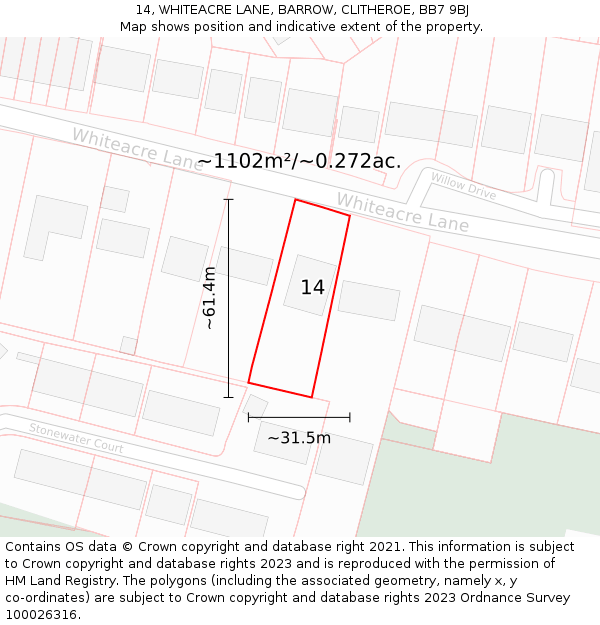 14, WHITEACRE LANE, BARROW, CLITHEROE, BB7 9BJ: Plot and title map