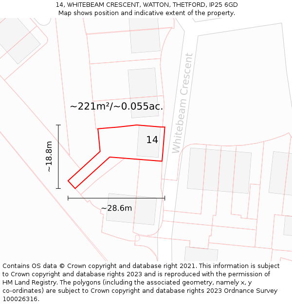 14, WHITEBEAM CRESCENT, WATTON, THETFORD, IP25 6GD: Plot and title map