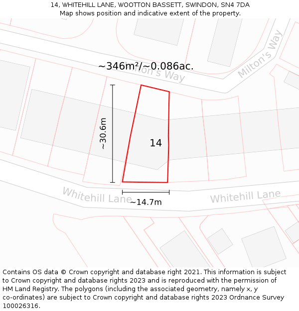 14, WHITEHILL LANE, WOOTTON BASSETT, SWINDON, SN4 7DA: Plot and title map