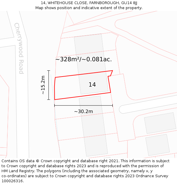 14, WHITEHOUSE CLOSE, FARNBOROUGH, GU14 8JJ: Plot and title map