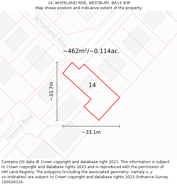 14, WHITELAND RISE, WESTBURY, BA13 3HP: Plot and title map