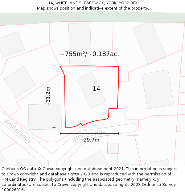 14, WHITELANDS, EARSWICK, YORK, YO32 9FX: Plot and title map