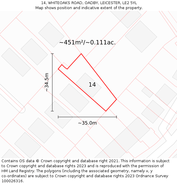 14, WHITEOAKS ROAD, OADBY, LEICESTER, LE2 5YL: Plot and title map