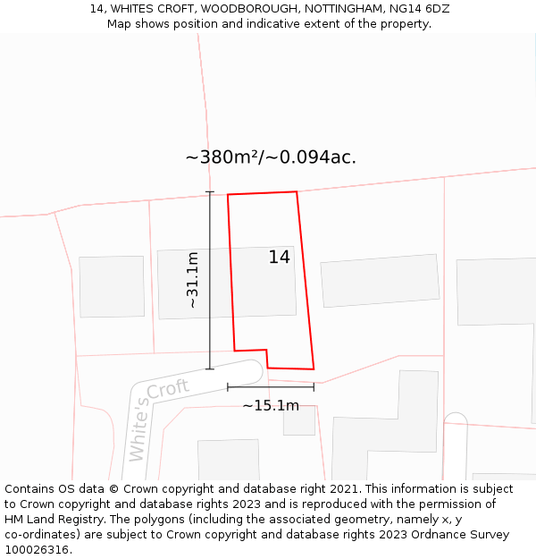 14, WHITES CROFT, WOODBOROUGH, NOTTINGHAM, NG14 6DZ: Plot and title map