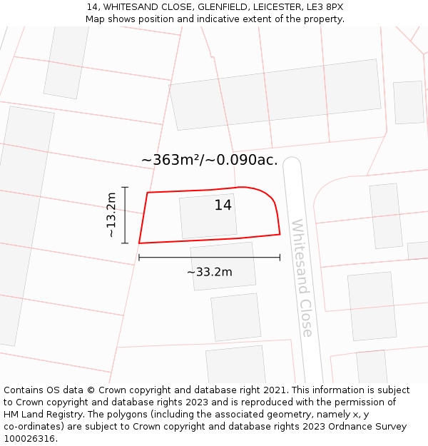 14, WHITESAND CLOSE, GLENFIELD, LEICESTER, LE3 8PX: Plot and title map