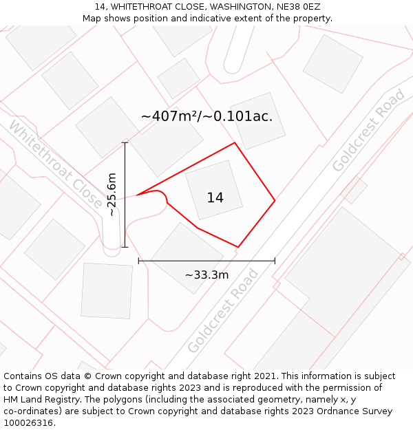 14, WHITETHROAT CLOSE, WASHINGTON, NE38 0EZ: Plot and title map