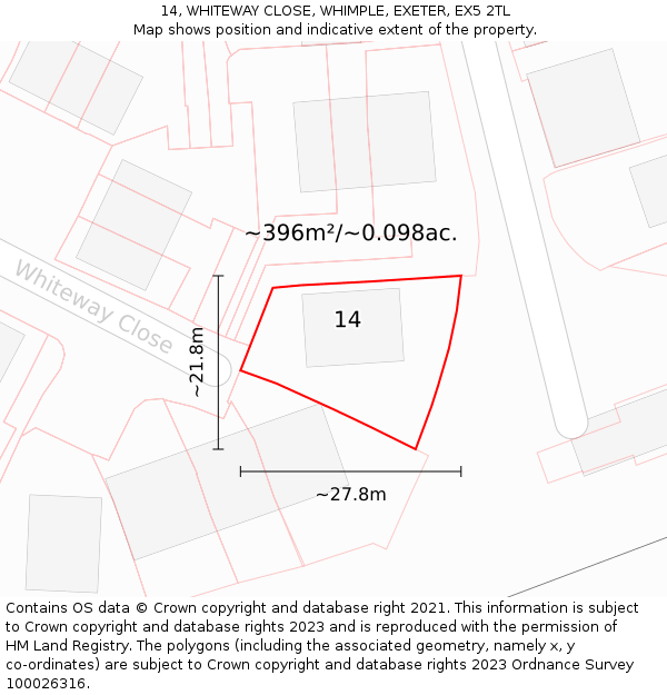 14, WHITEWAY CLOSE, WHIMPLE, EXETER, EX5 2TL: Plot and title map