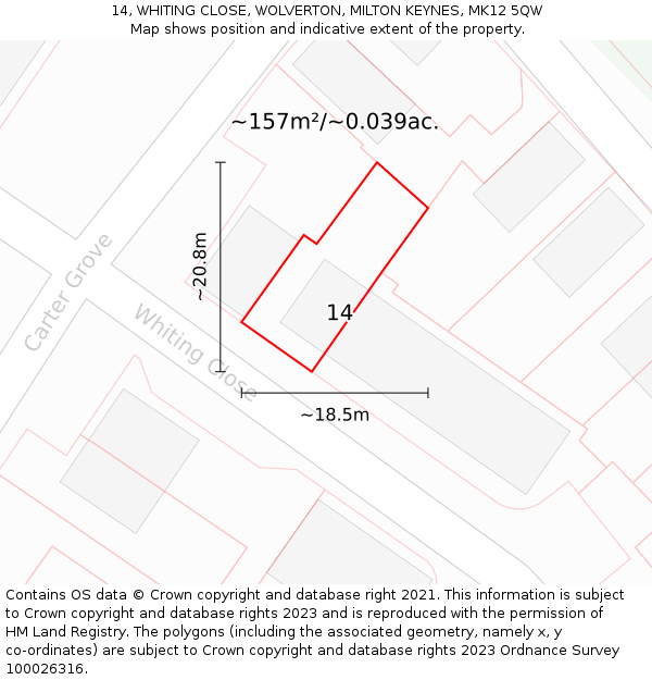 14, WHITING CLOSE, WOLVERTON, MILTON KEYNES, MK12 5QW: Plot and title map