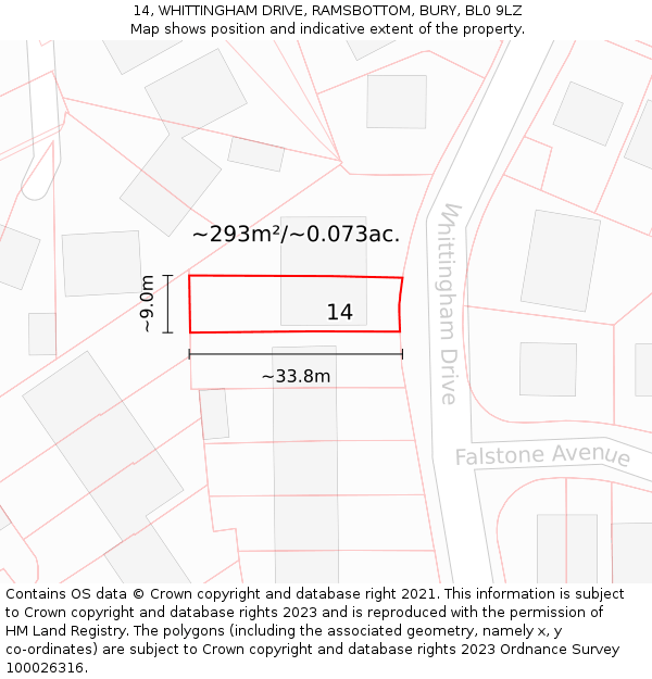 14, WHITTINGHAM DRIVE, RAMSBOTTOM, BURY, BL0 9LZ: Plot and title map