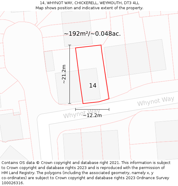 14, WHYNOT WAY, CHICKERELL, WEYMOUTH, DT3 4LL: Plot and title map