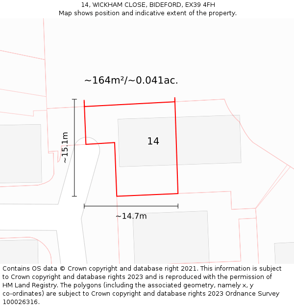 14, WICKHAM CLOSE, BIDEFORD, EX39 4FH: Plot and title map