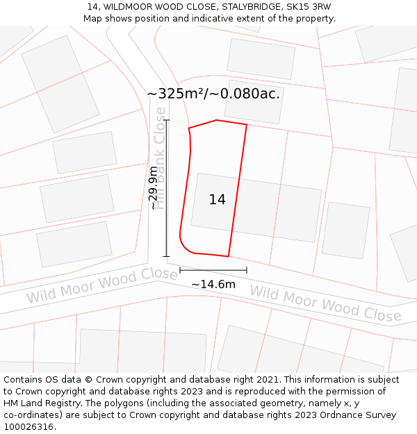 14, WILDMOOR WOOD CLOSE, STALYBRIDGE, SK15 3RW: Plot and title map