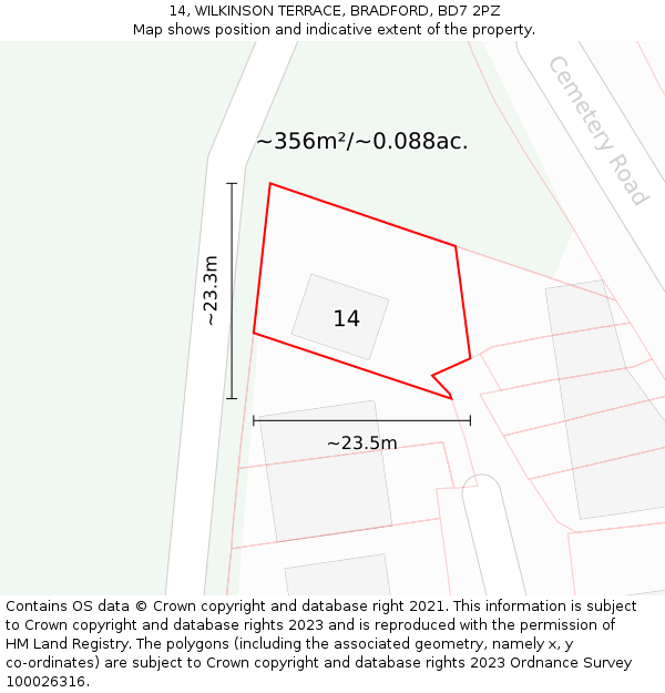 14, WILKINSON TERRACE, BRADFORD, BD7 2PZ: Plot and title map