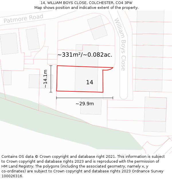 14, WILLIAM BOYS CLOSE, COLCHESTER, CO4 3PW: Plot and title map