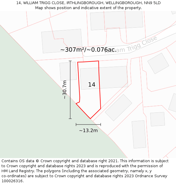 14, WILLIAM TRIGG CLOSE, IRTHLINGBOROUGH, WELLINGBOROUGH, NN9 5LD: Plot and title map