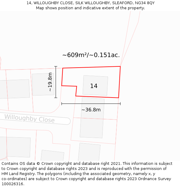 14, WILLOUGHBY CLOSE, SILK WILLOUGHBY, SLEAFORD, NG34 8QY: Plot and title map