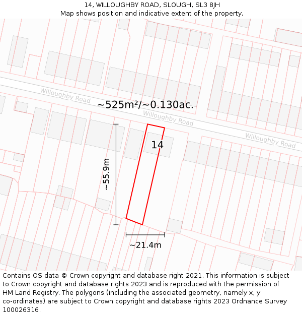 14, WILLOUGHBY ROAD, SLOUGH, SL3 8JH: Plot and title map