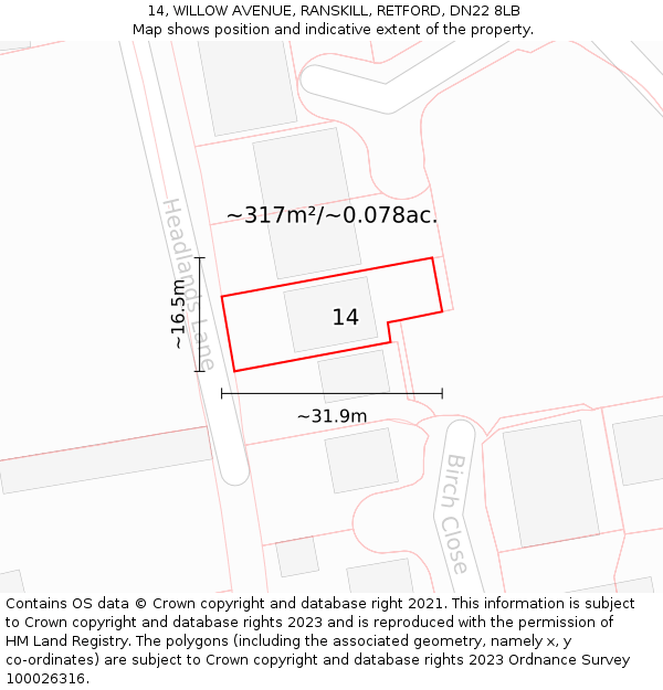 14, WILLOW AVENUE, RANSKILL, RETFORD, DN22 8LB: Plot and title map