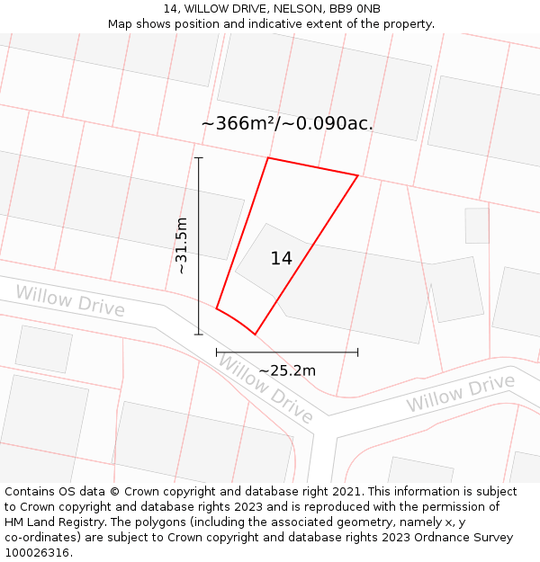 14, WILLOW DRIVE, NELSON, BB9 0NB: Plot and title map