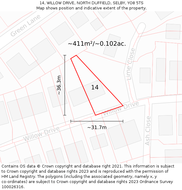 14, WILLOW DRIVE, NORTH DUFFIELD, SELBY, YO8 5TS: Plot and title map