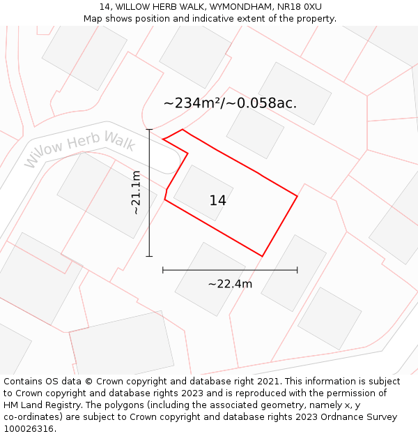 14, WILLOW HERB WALK, WYMONDHAM, NR18 0XU: Plot and title map