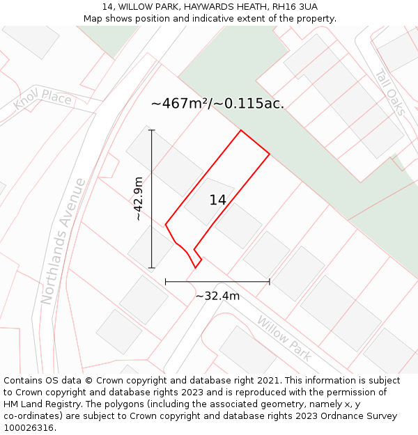 14, WILLOW PARK, HAYWARDS HEATH, RH16 3UA: Plot and title map