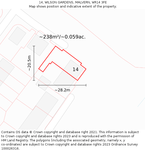 14, WILSON GARDENS, MALVERN, WR14 3FE: Plot and title map