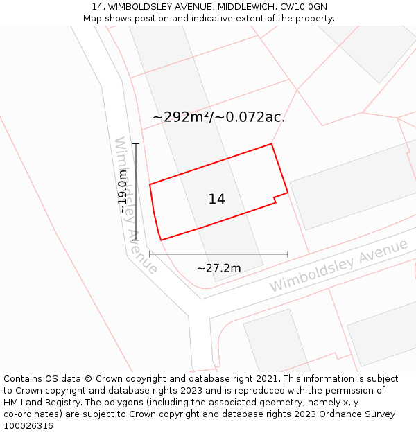 14, WIMBOLDSLEY AVENUE, MIDDLEWICH, CW10 0GN: Plot and title map