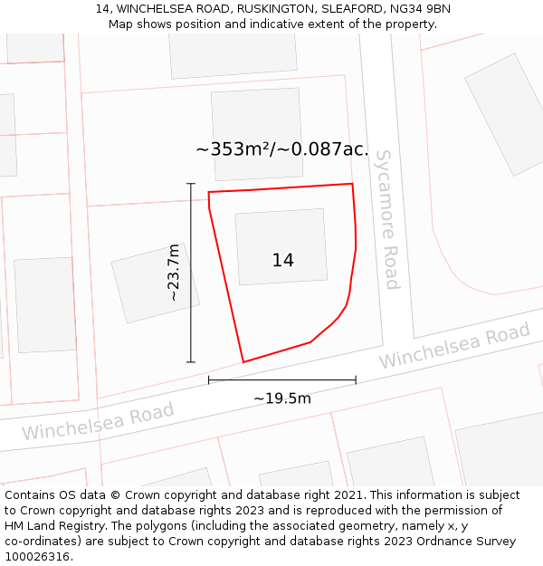 14, WINCHELSEA ROAD, RUSKINGTON, SLEAFORD, NG34 9BN: Plot and title map