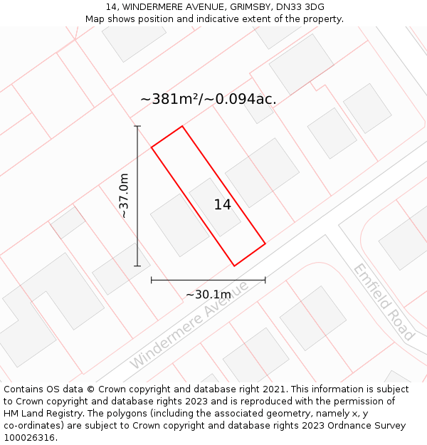 14, WINDERMERE AVENUE, GRIMSBY, DN33 3DG: Plot and title map