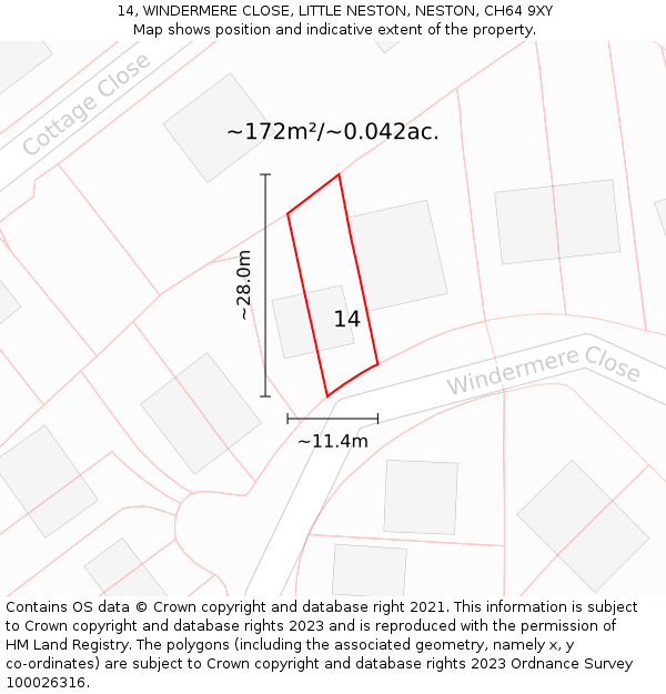 14, WINDERMERE CLOSE, LITTLE NESTON, NESTON, CH64 9XY: Plot and title map