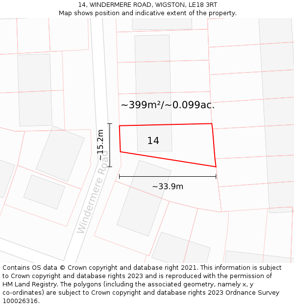 14, WINDERMERE ROAD, WIGSTON, LE18 3RT: Plot and title map