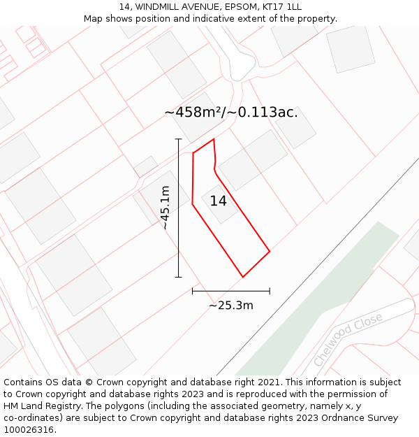 14, WINDMILL AVENUE, EPSOM, KT17 1LL: Plot and title map