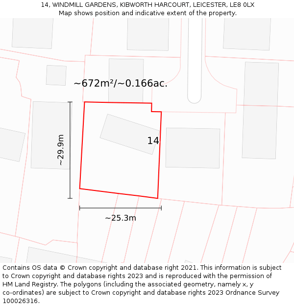 14, WINDMILL GARDENS, KIBWORTH HARCOURT, LEICESTER, LE8 0LX: Plot and title map