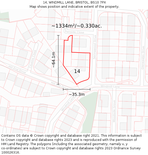 14, WINDMILL LANE, BRISTOL, BS10 7PX: Plot and title map