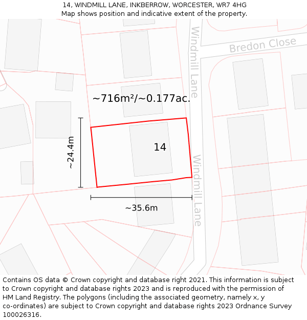 14, WINDMILL LANE, INKBERROW, WORCESTER, WR7 4HG: Plot and title map