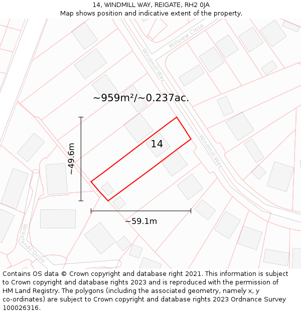 14, WINDMILL WAY, REIGATE, RH2 0JA: Plot and title map