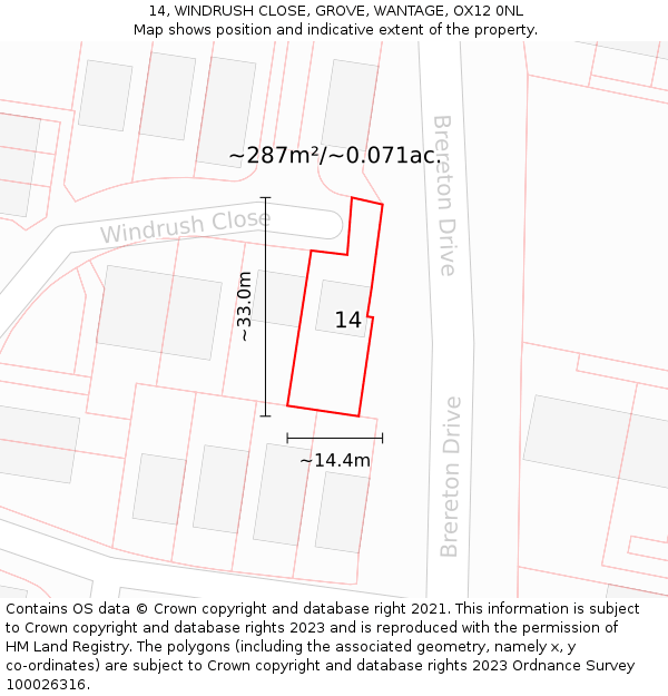 14, WINDRUSH CLOSE, GROVE, WANTAGE, OX12 0NL: Plot and title map