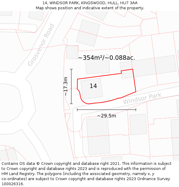 14, WINDSOR PARK, KINGSWOOD, HULL, HU7 3AA: Plot and title map
