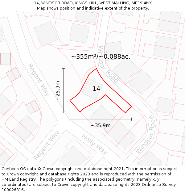 14, WINDSOR ROAD, KINGS HILL, WEST MALLING, ME19 4NX: Plot and title map