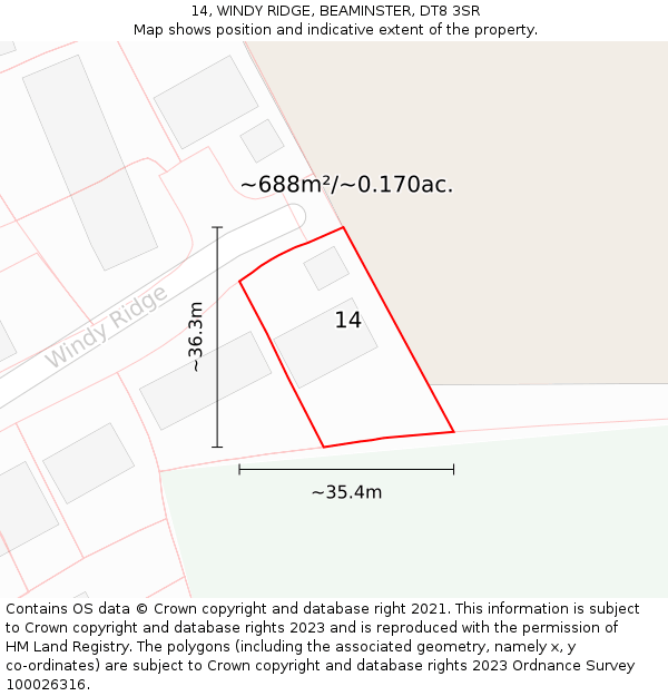 14, WINDY RIDGE, BEAMINSTER, DT8 3SR: Plot and title map