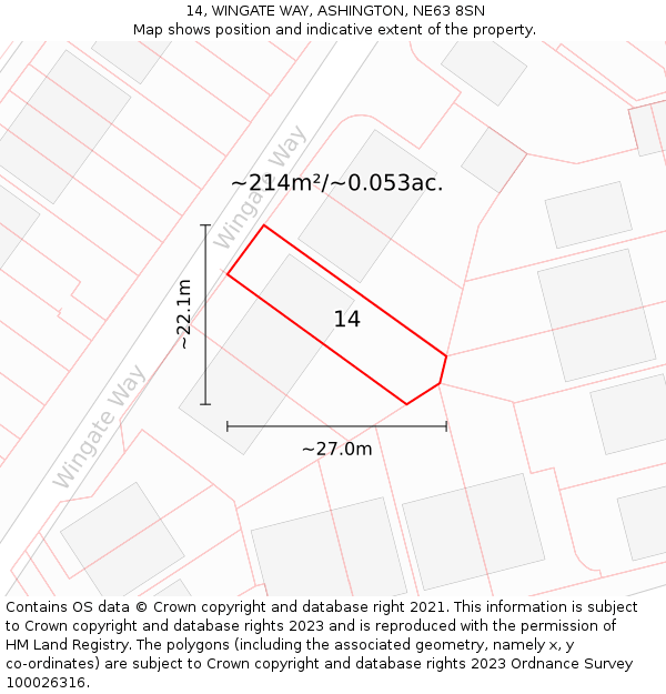 14, WINGATE WAY, ASHINGTON, NE63 8SN: Plot and title map