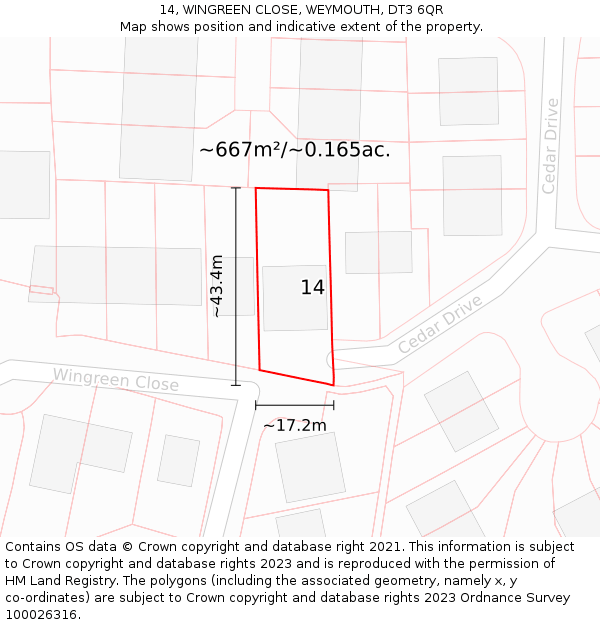 14, WINGREEN CLOSE, WEYMOUTH, DT3 6QR: Plot and title map