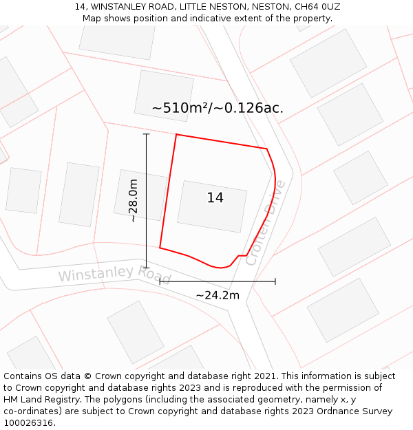 14, WINSTANLEY ROAD, LITTLE NESTON, NESTON, CH64 0UZ: Plot and title map