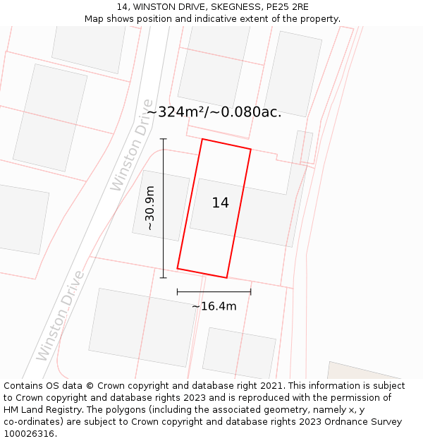 14, WINSTON DRIVE, SKEGNESS, PE25 2RE: Plot and title map